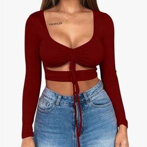 Women’s Wine Red Ruched Tie-Front Long Sleeve Crop Top